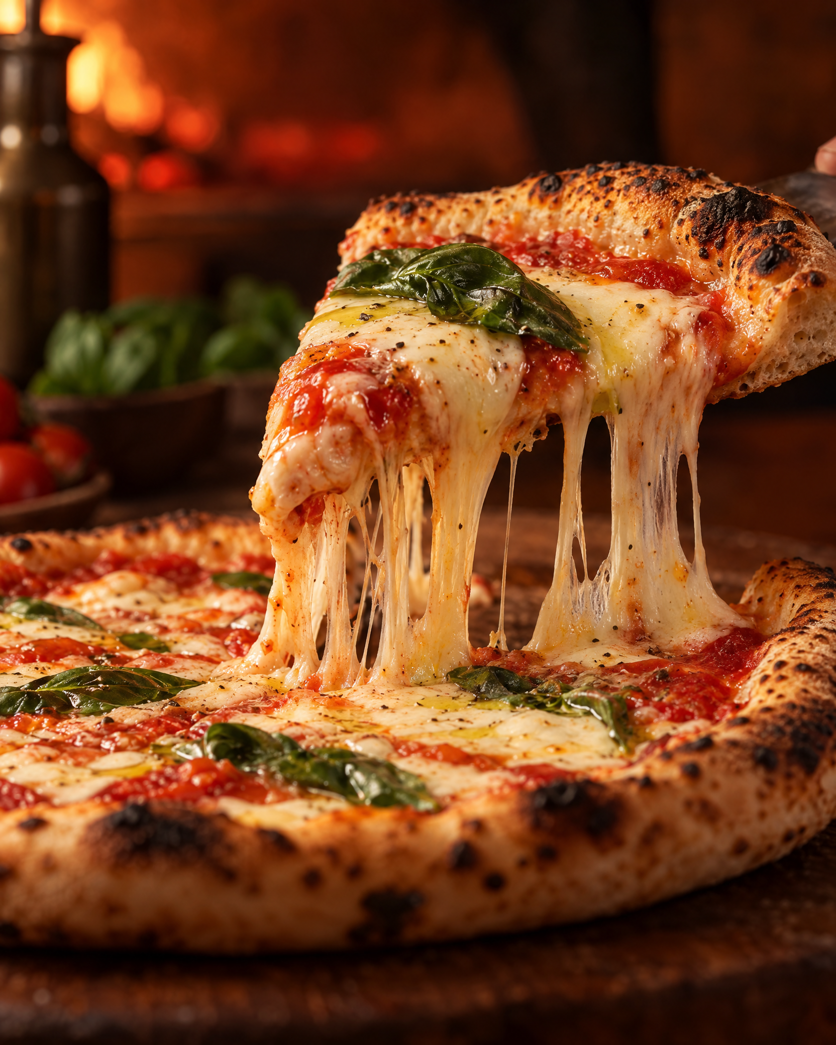 Detalhe de uma fatia de pizza com queijo derretido