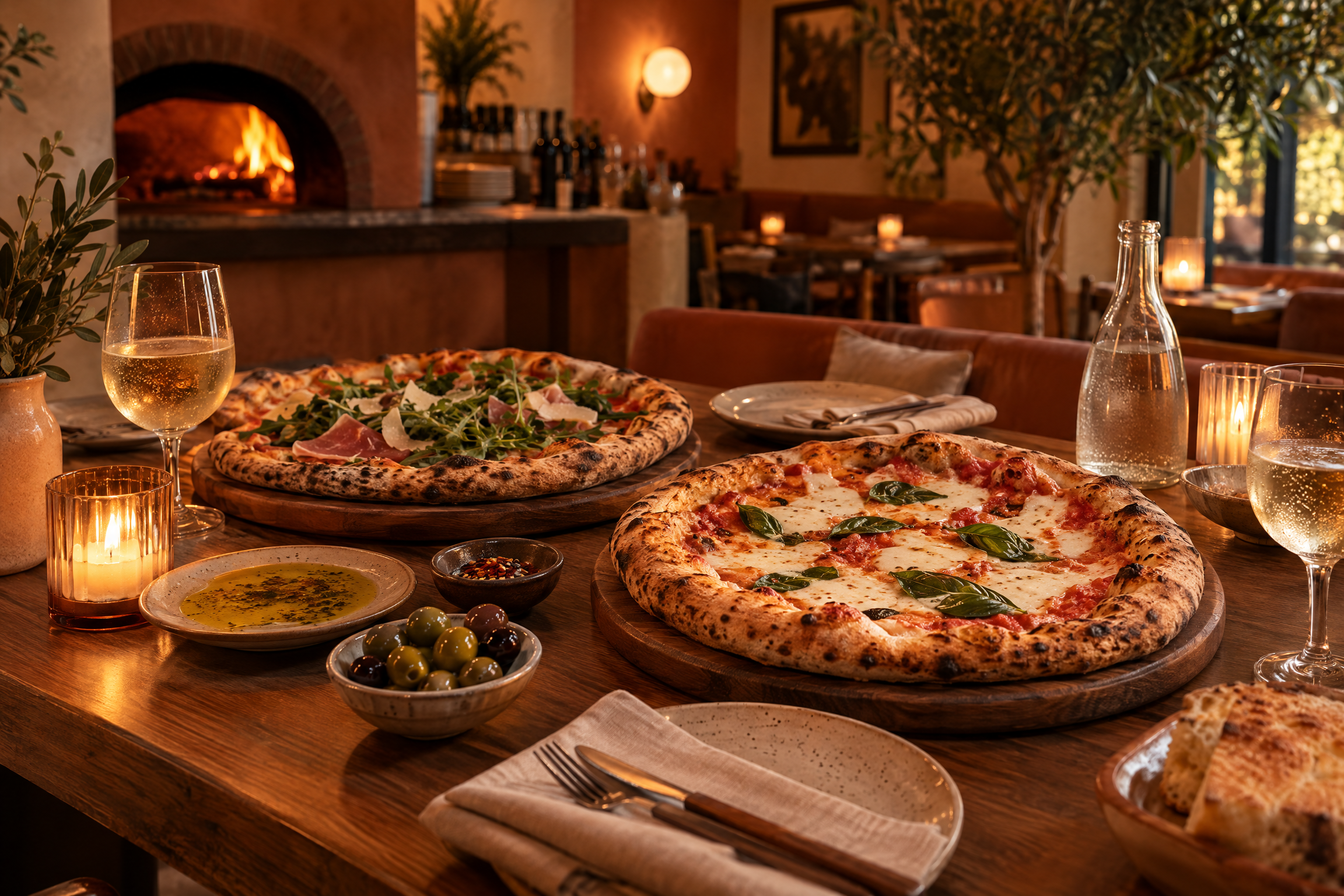 Mesa posta com pizzas e bebidas em clima aconchegante